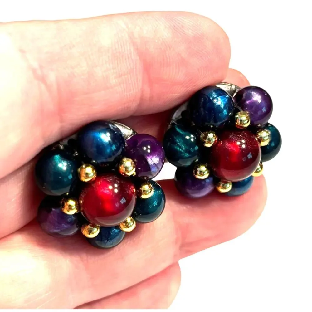 Vintage clip on earrings gem tones & gold beaded clusters mid century rounds